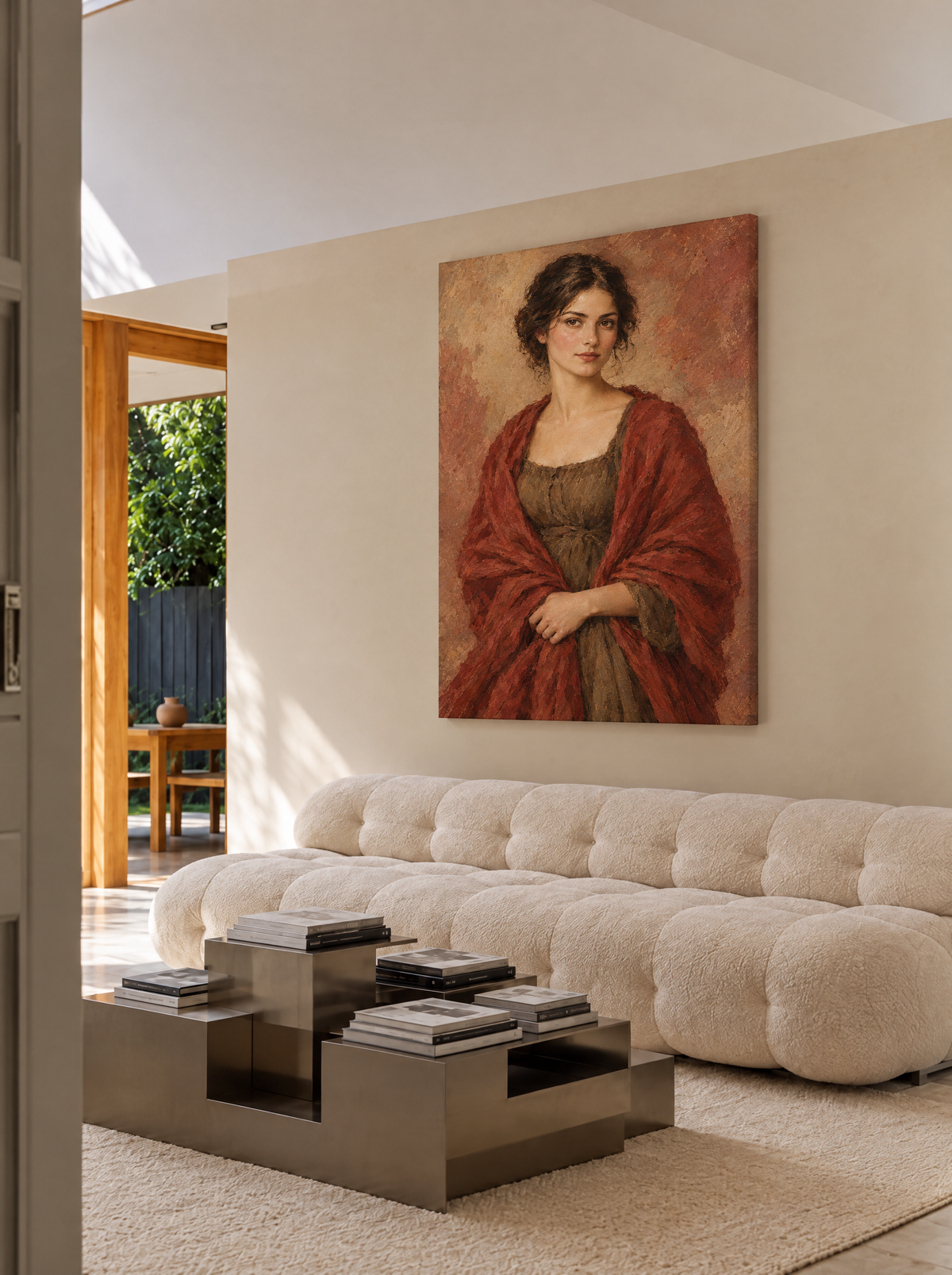 Vrouw met Rode Omslagdoek als canvas zonder lijst aan de muur