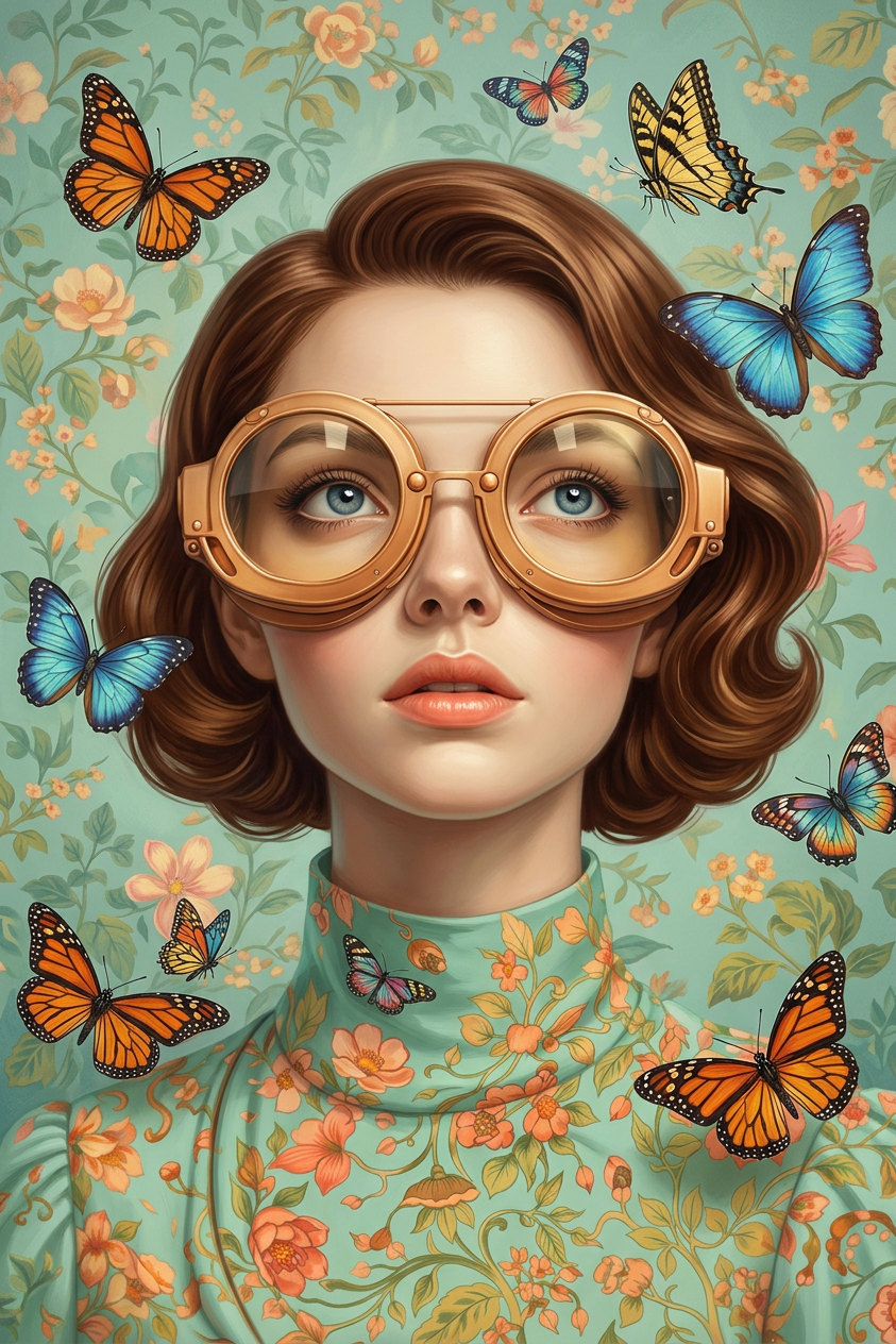 Vrouw met grote retro bril, bloemenpatroon en kleurrijke vlinders op mintgroene achtergrond