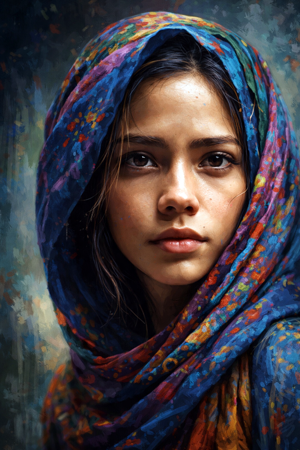 Schilderachtig portret van een jonge vrouw met kleurrijke sjaal in diepe blauwe en warme tinten