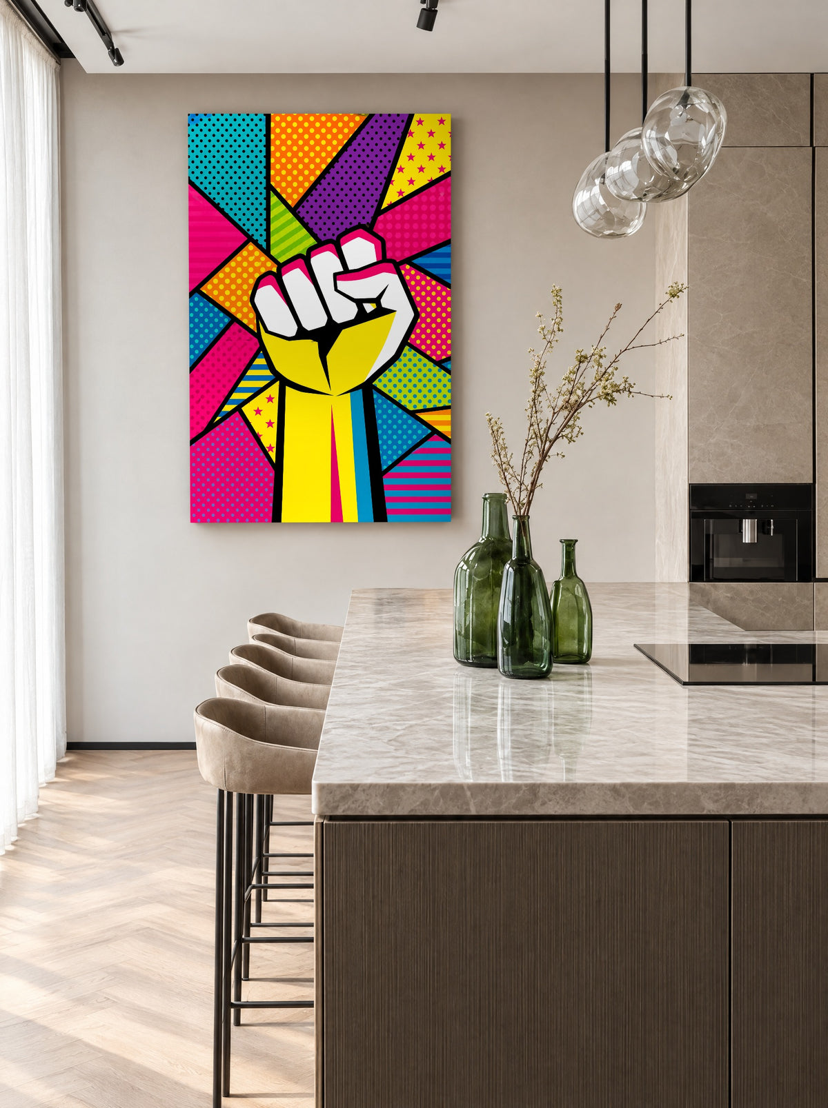 Vuist van Verandering als canvas zonder lijst aan de muur