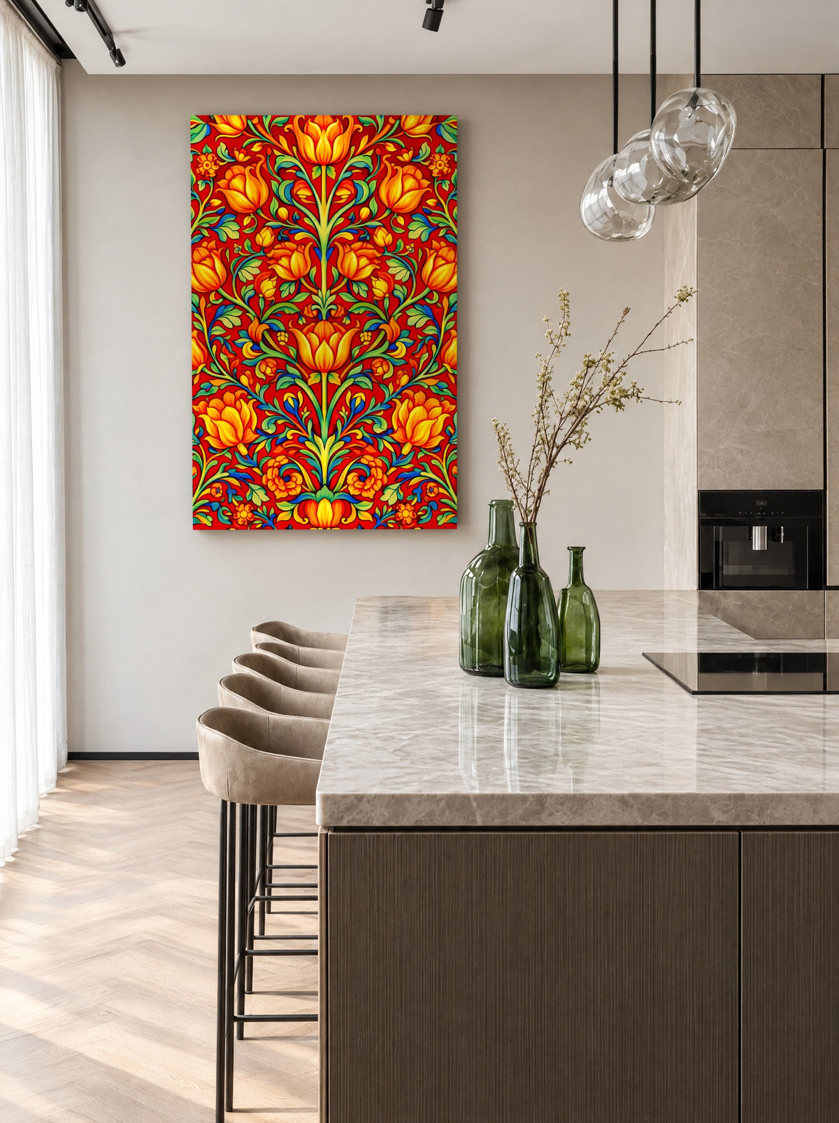Vurige Tulpenornamenten als canvas zonder lijst aan de muur