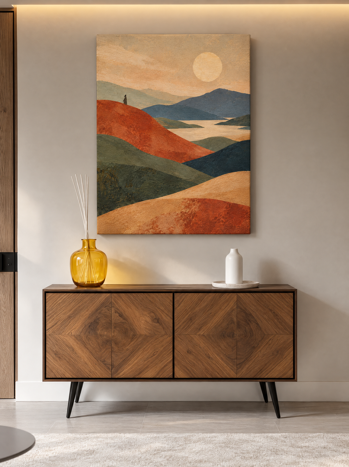 Wandelaar op Rode Heuvels als canvas zonder lijst aan de muur