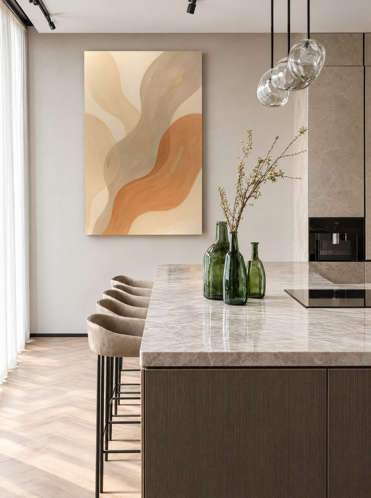Warme Abstractie in Zandtinten als canvas zonder lijst aan de muur