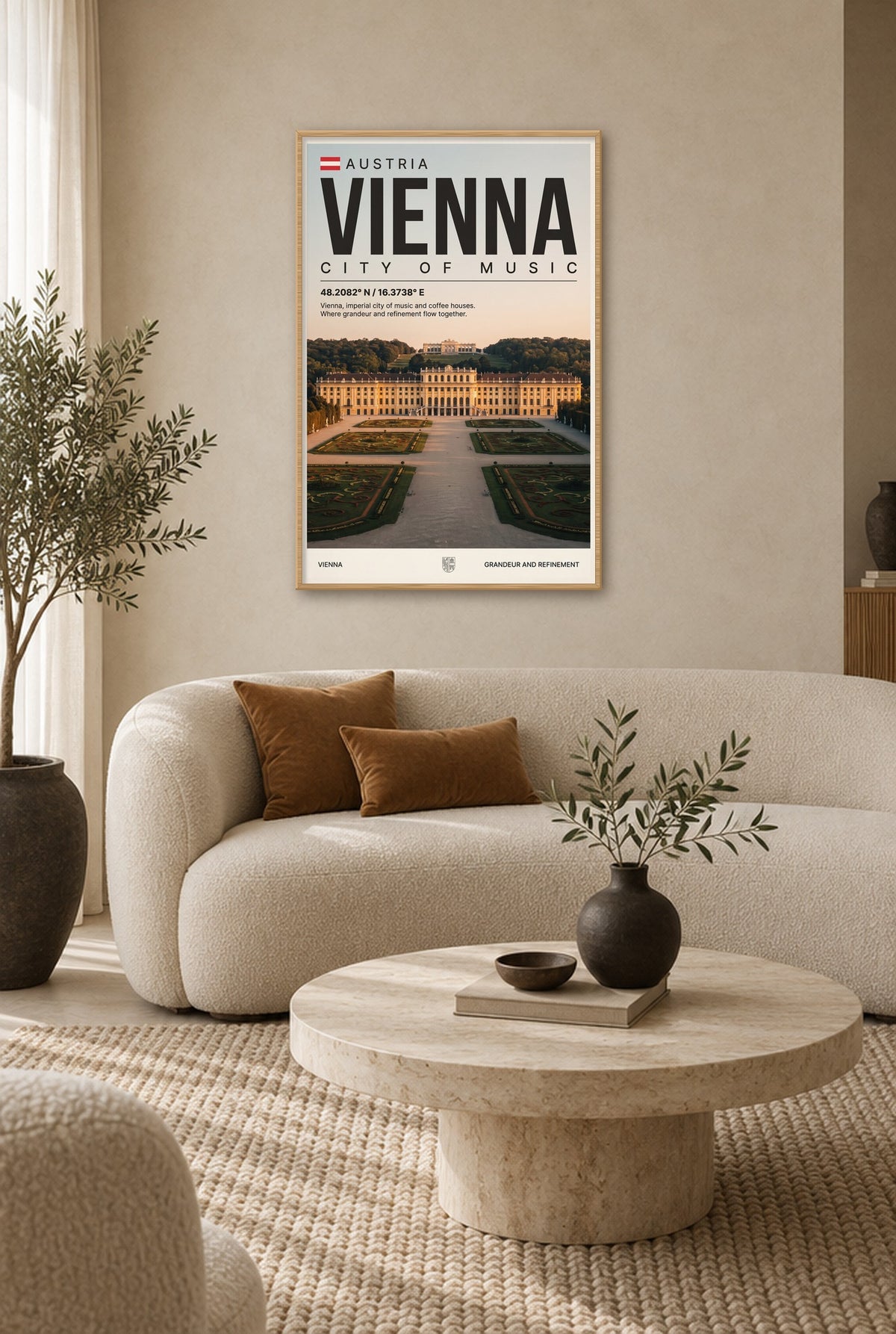 Wenen Stad van Muziek Wandbild mit Naturholzrahmen an der Wand im Wohnzimmer
