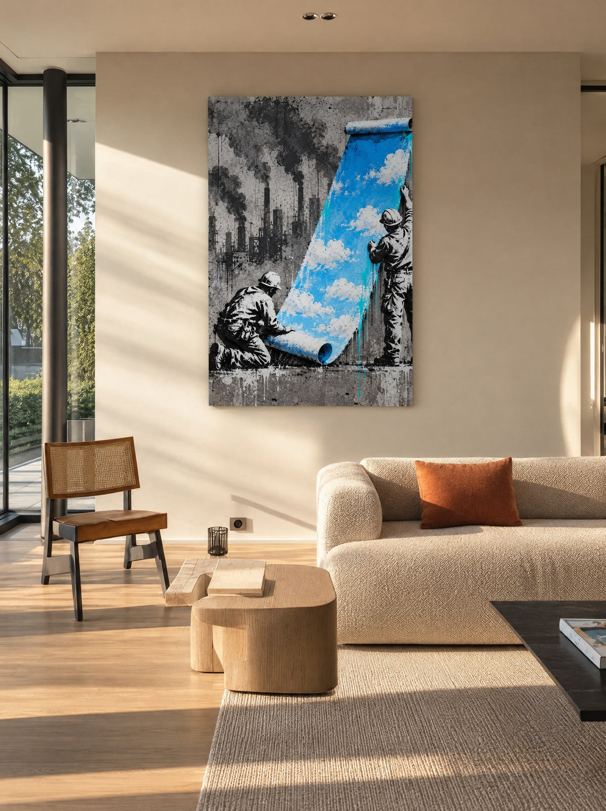 Werkers Rollen de Lucht Uit als canvas zonder lijst aan de muur