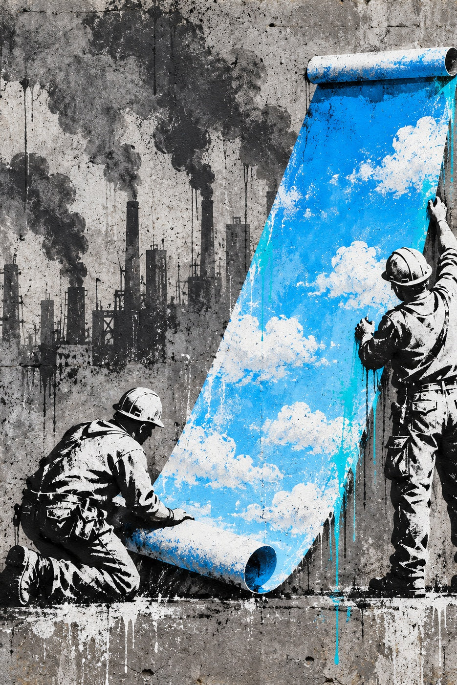 Werkers Rollen de Lucht Uit: twee werkers rollen een strook blauwe lucht met witte wolken uit voor een rij rokende fabrieken