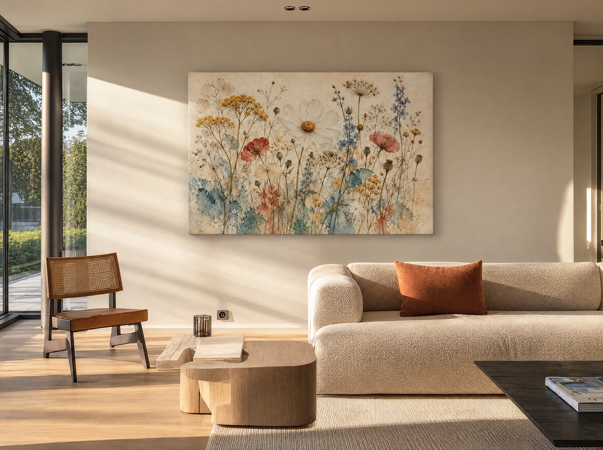 Wilde Bloemen in Aquarel als canvas zonder lijst aan de muur