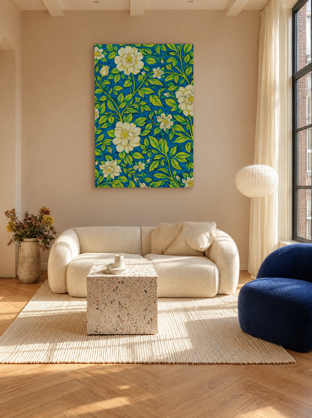 Witte Rozen op Saffierblauw als canvas zonder lijst aan de muur