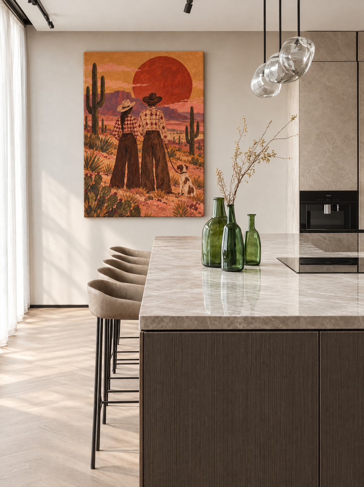 Woestijnwandeling bij Rode Zon als canvas zonder lijst aan de muur