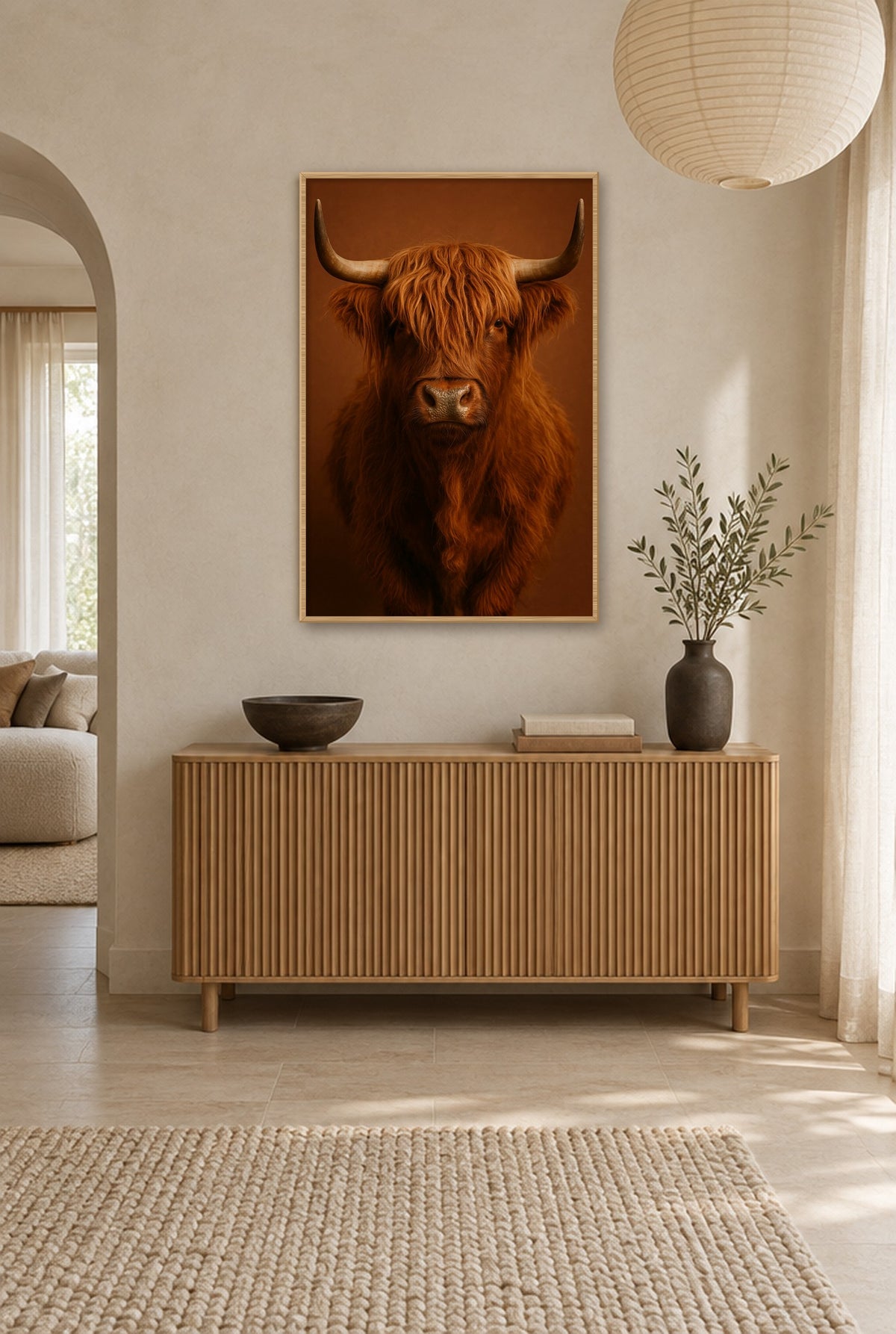 Wollen Koning van Terracotta Wandbild mit Naturholzrahmen an der Wand im Flur
