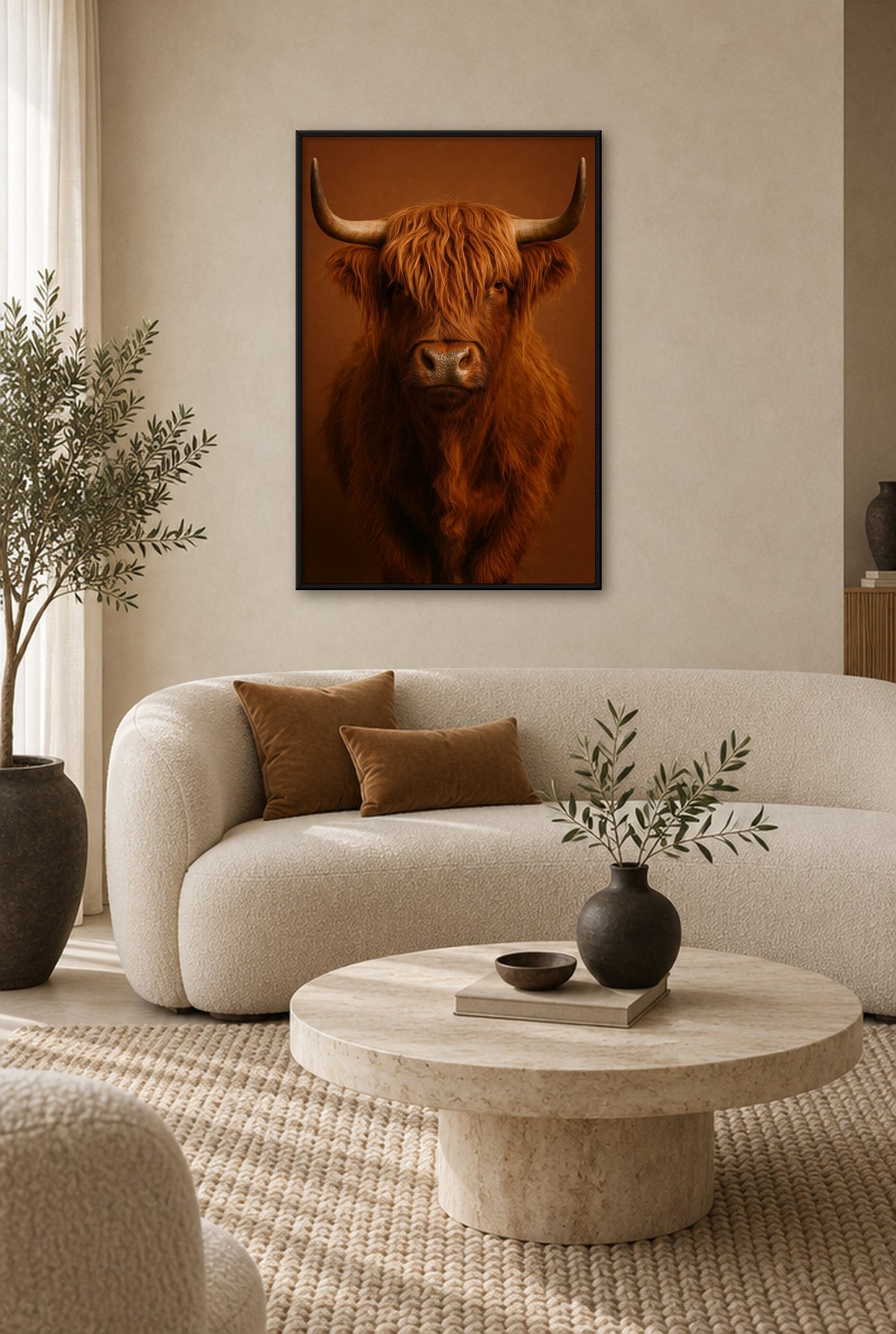 Wollen Koning van Terracotta Wandbild mit schwarzem Rahmen an der Wand im Wohnzimmer