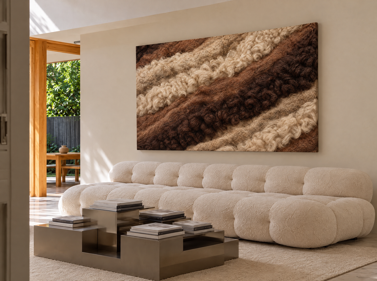 Wolstroom in Ecru en Camel als canvas zonder lijst aan de muur