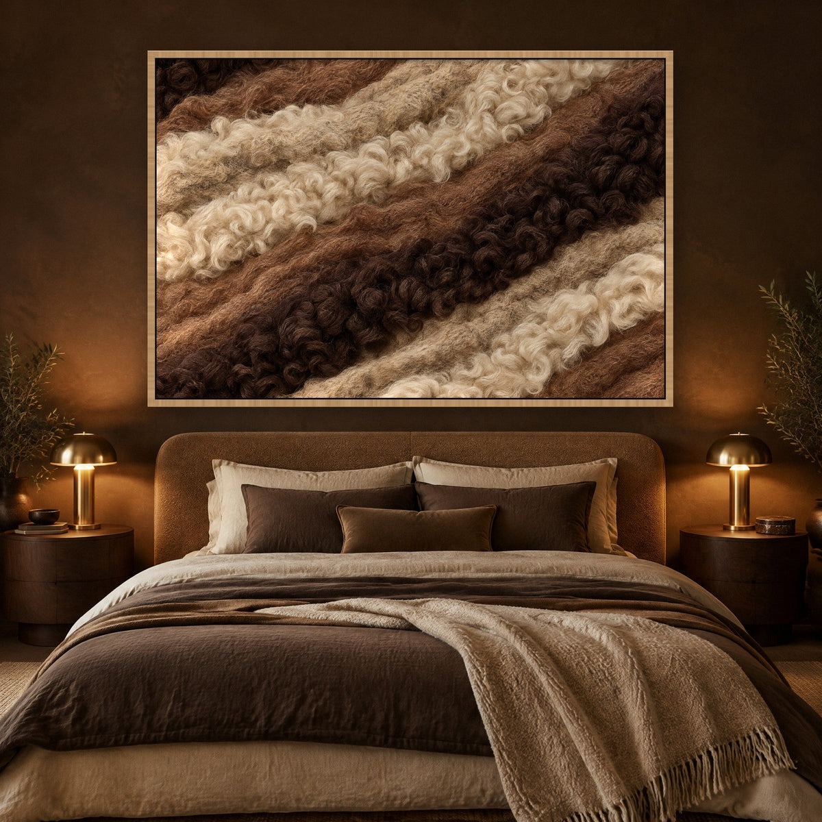 Wollstrom in Ecru und Camel Wandbild mit Naturholzrahmen an der Wand im Schlafzimmer