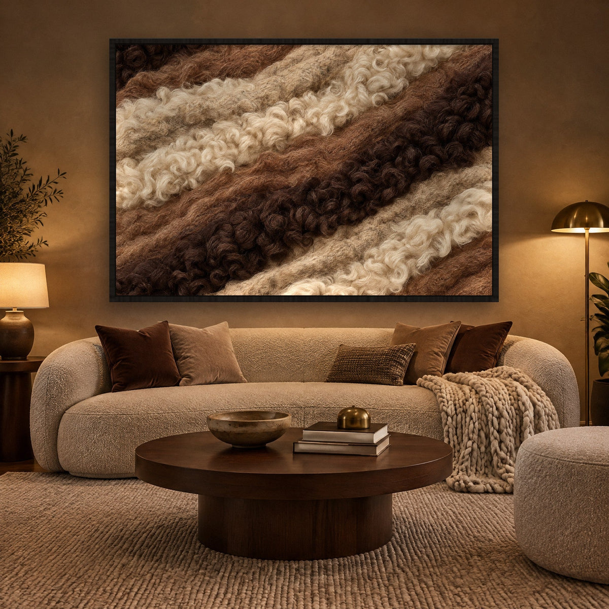 Wollstrom in Ecru und Camel Wandbild mit schwarzem Rahmen an der Wand im Wohnzimmer