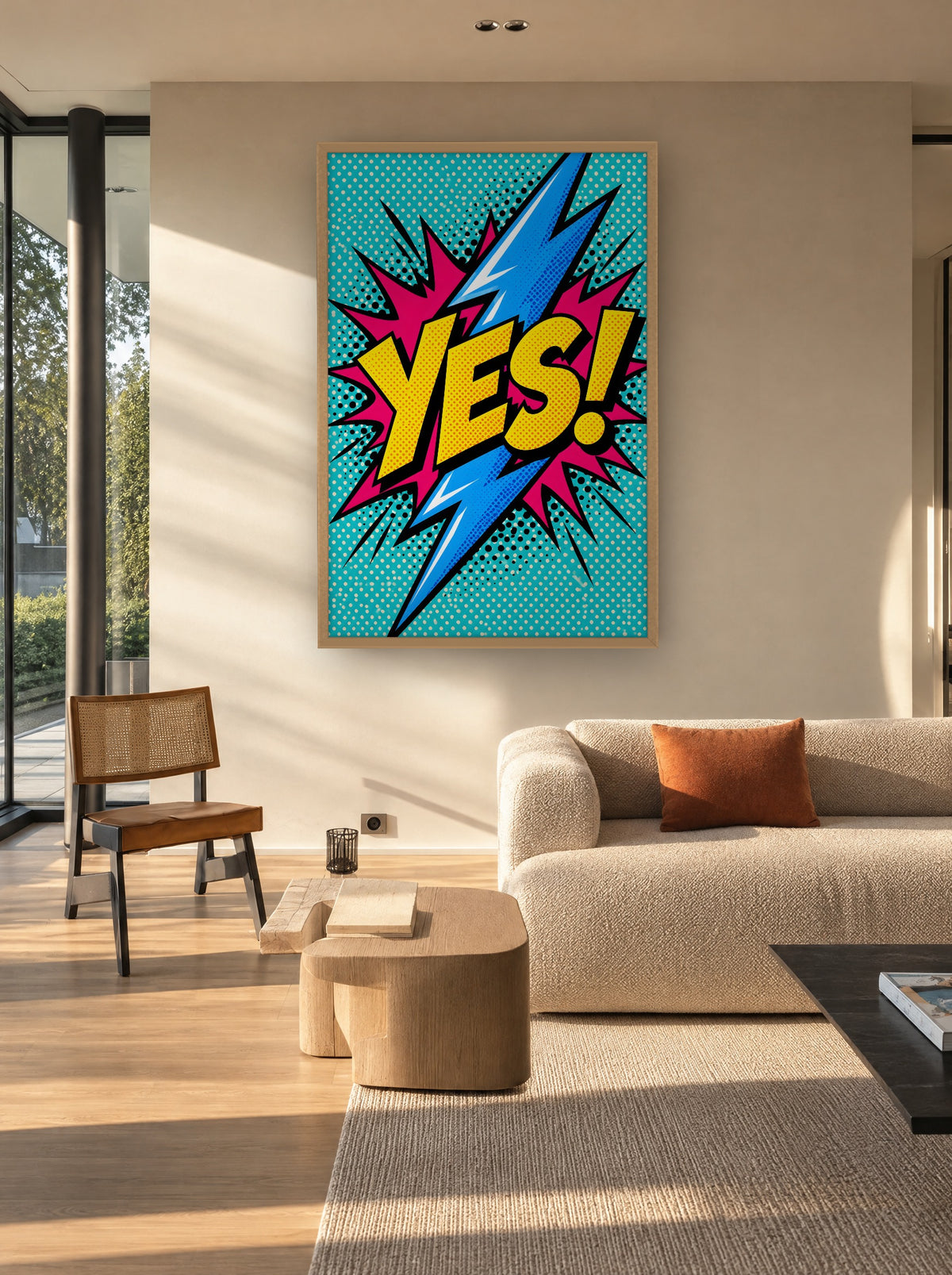 YES! Bliksem Popart met natuur houten lijst aan de muur