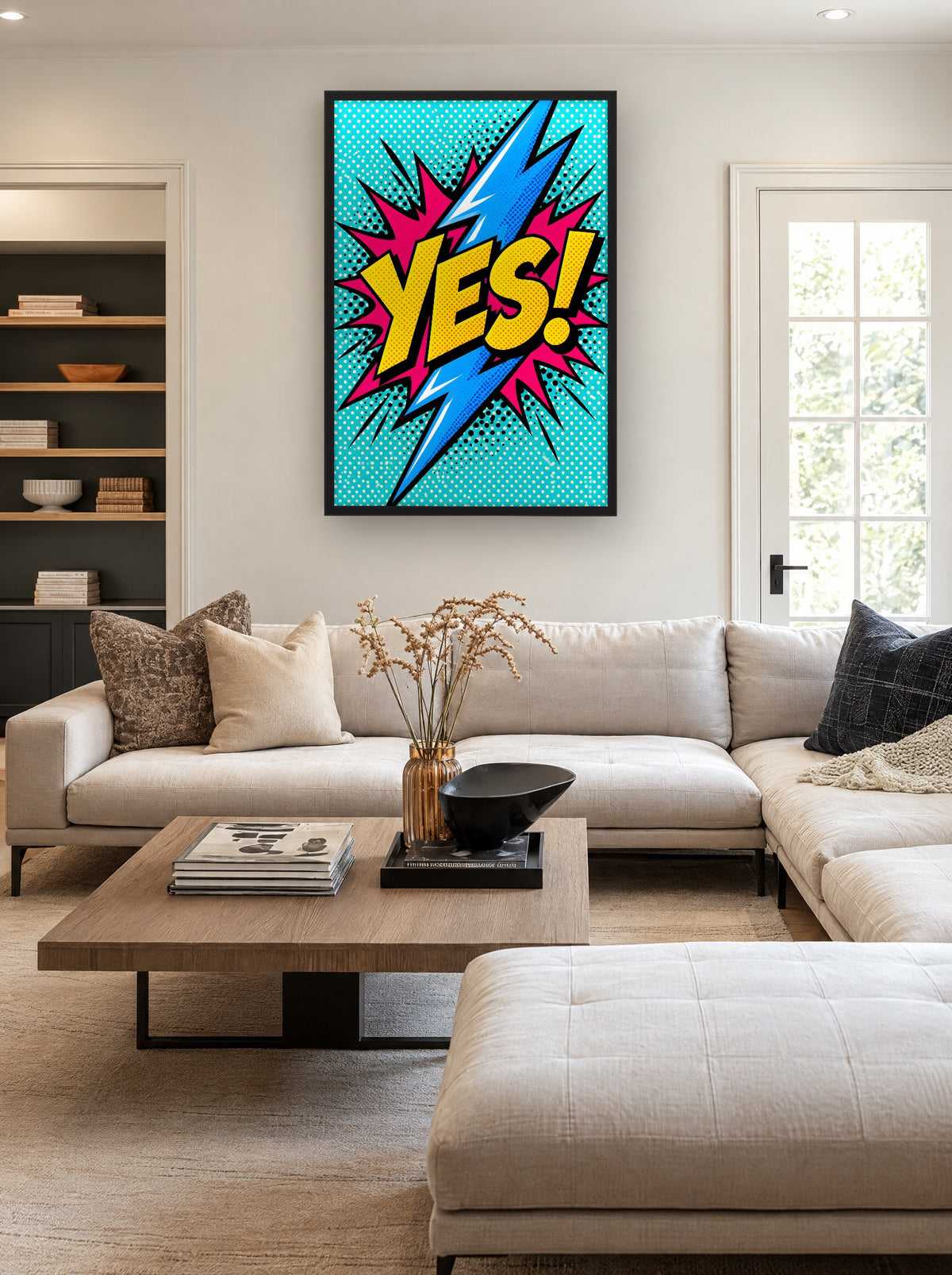 YES! Bliksem Popart met zwarte lijst aan de muur