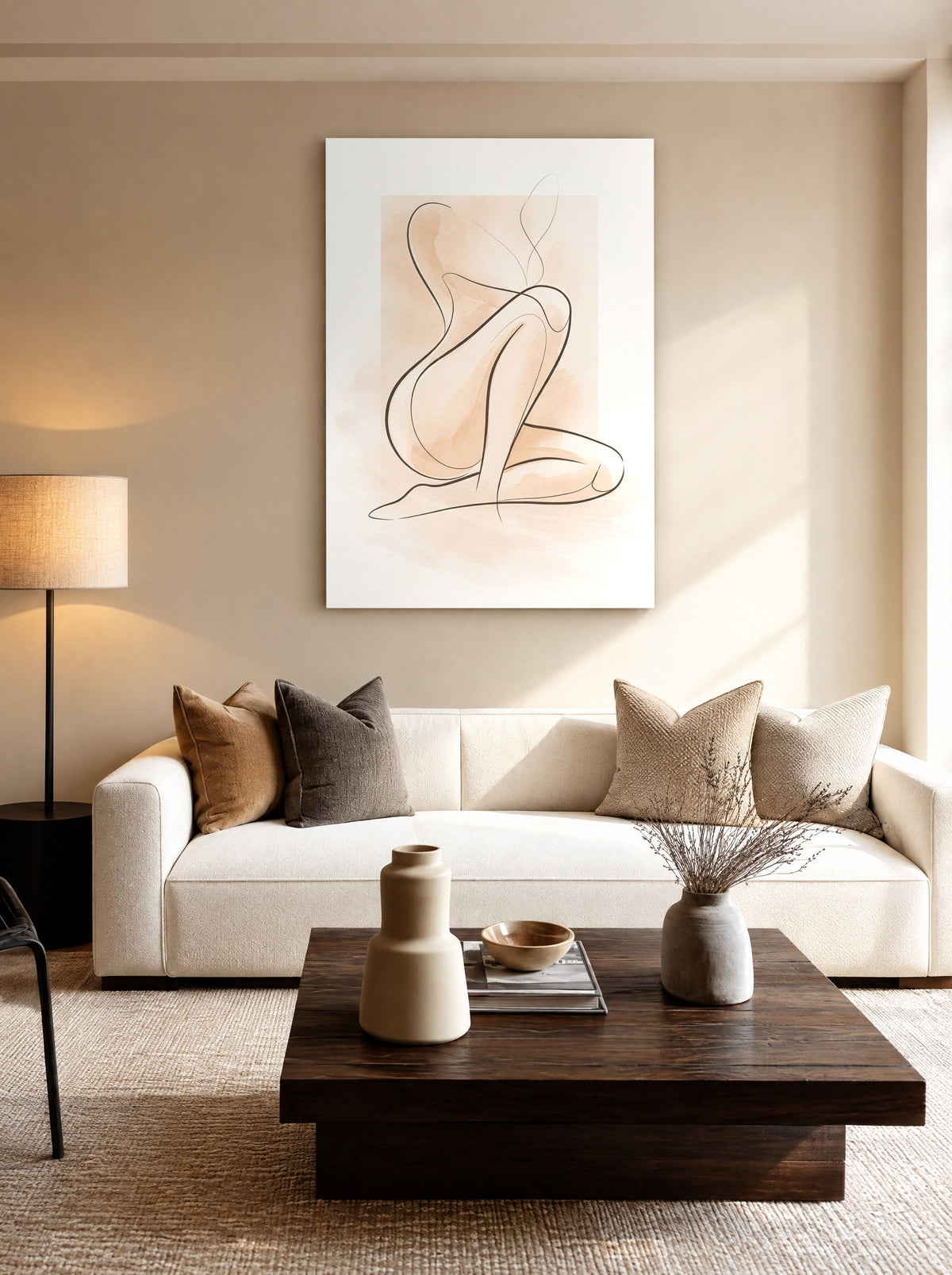 Zachte Lijnen en Stilte als canvas zonder lijst aan de muur