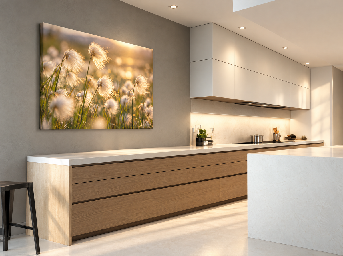 Zachte Pluimen in Gouden Tegenlicht als canvas zonder lijst aan de muur