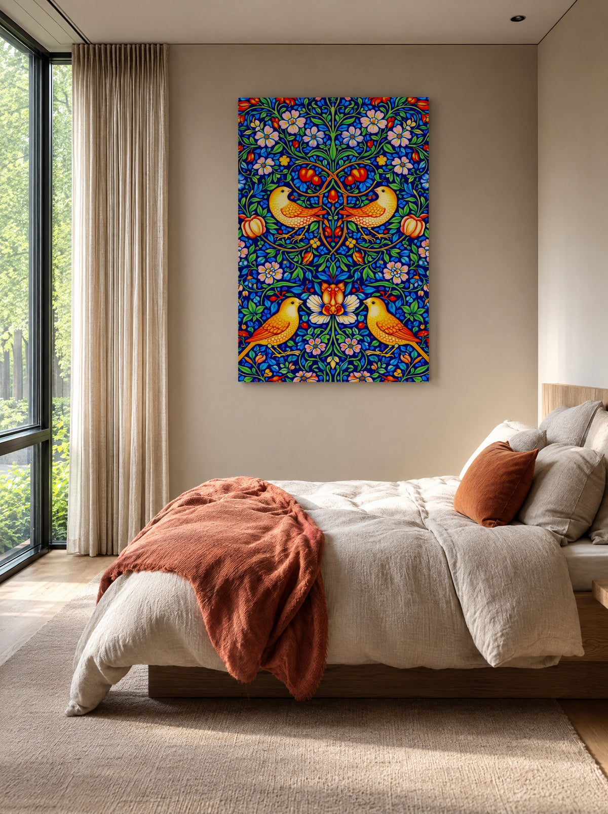 Zangvogels in de Bloementuin als canvas zonder lijst aan de muur