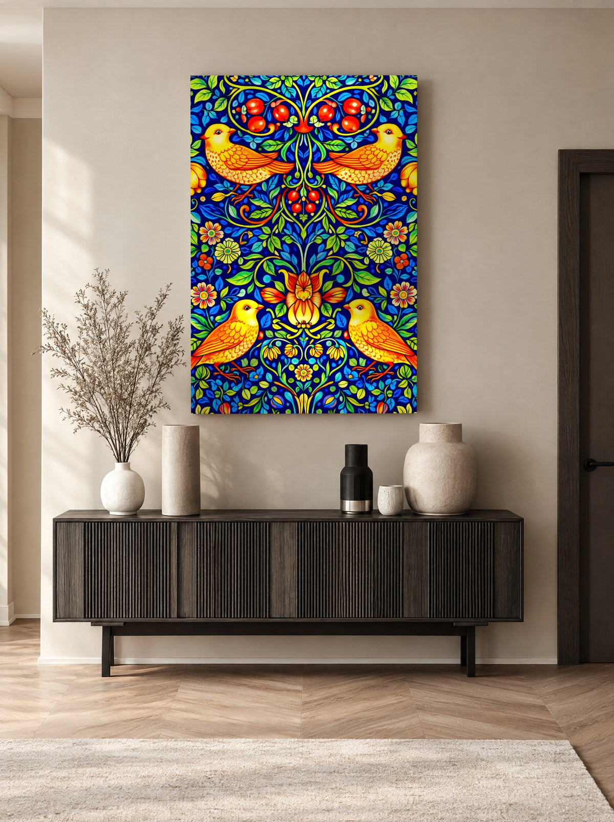 Zangvogels tussen Bessen en Bloemen als canvas zonder lijst aan de muur