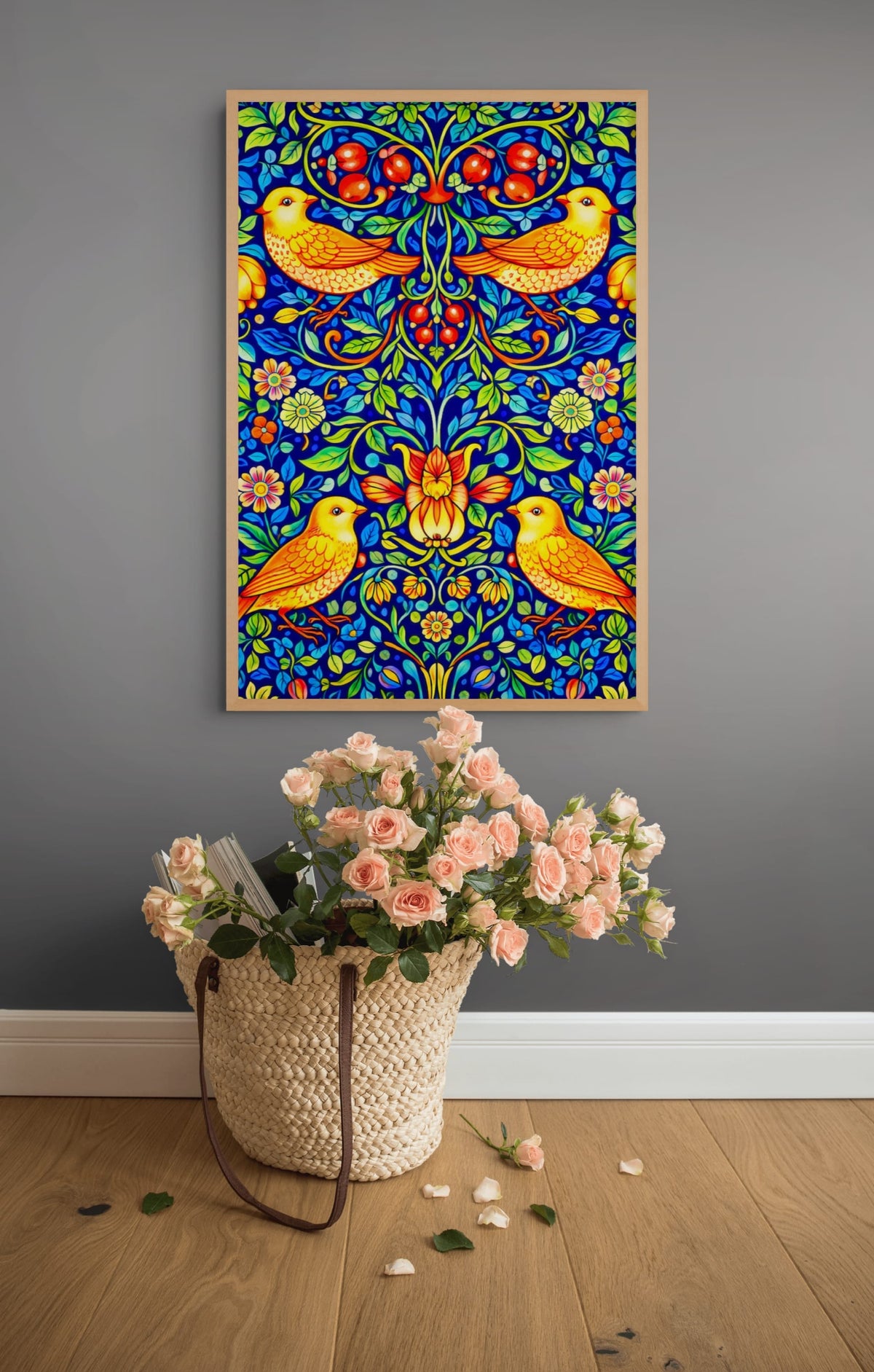 Zangvogels tussen Bessen en Bloemen Schilderij
