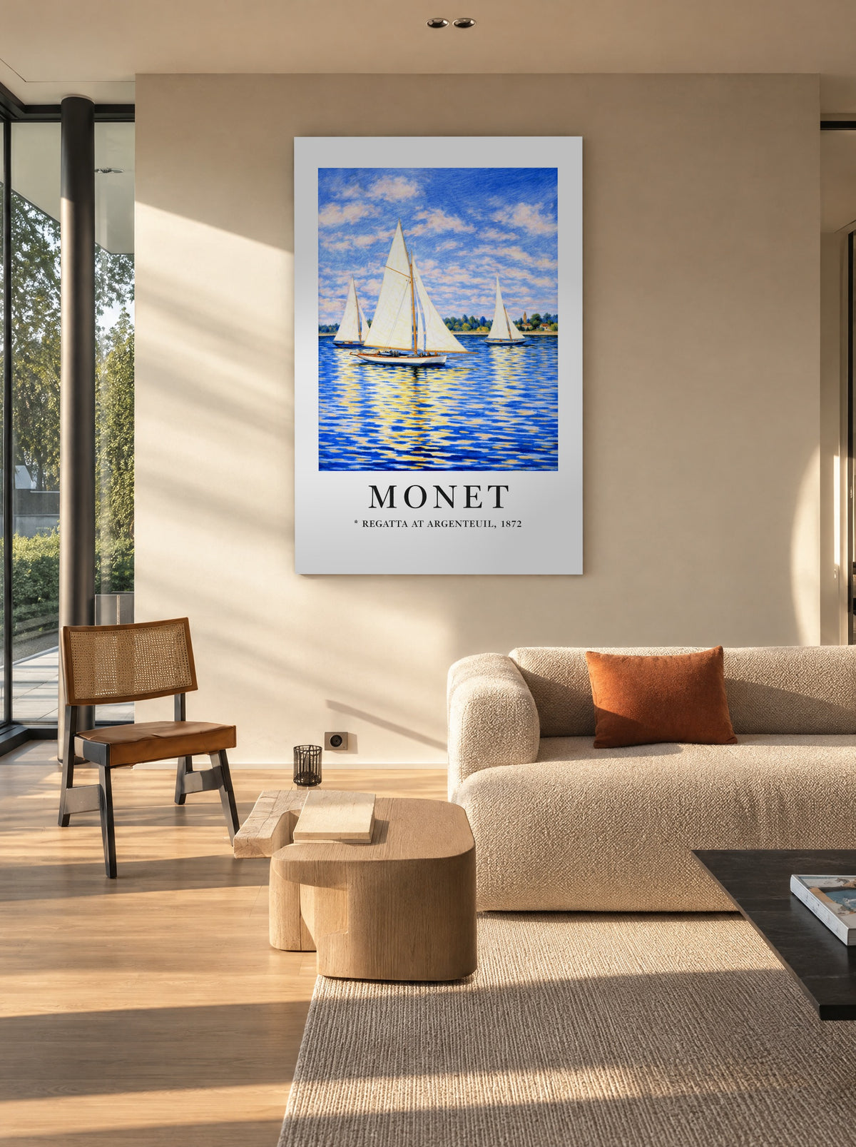 Zeilen onder Suikerwolken als canvas zonder lijst aan de muur