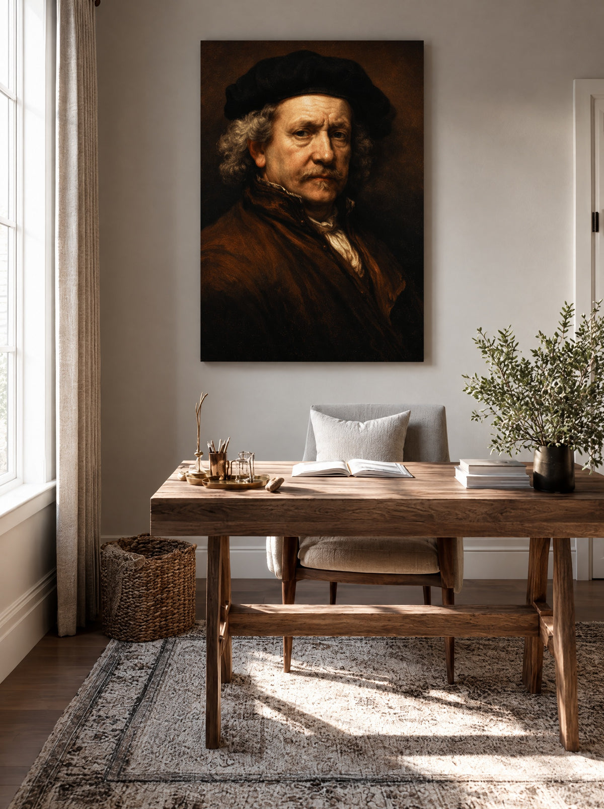 Zelfportret van Rembrandt als canvas zonder lijst aan de muur