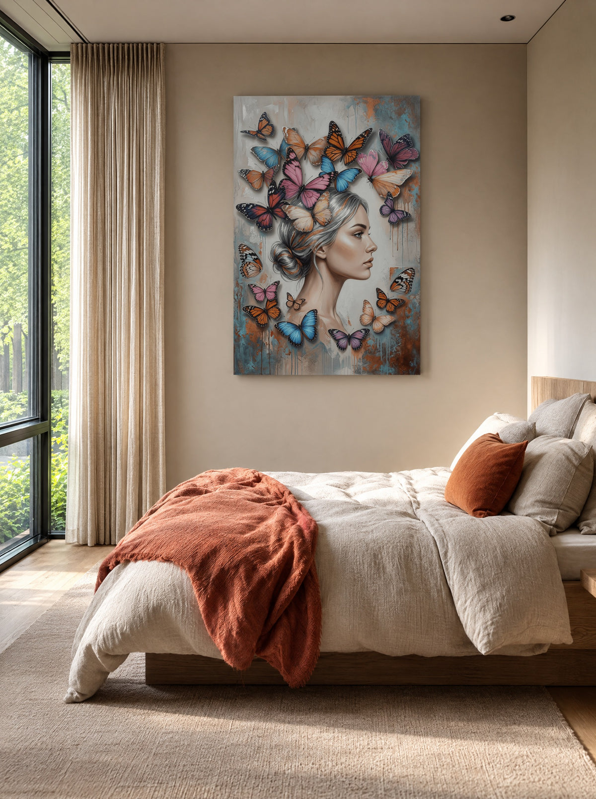 Zijdezacht tussen Vlindervleugels als canvas zonder lijst aan de muur