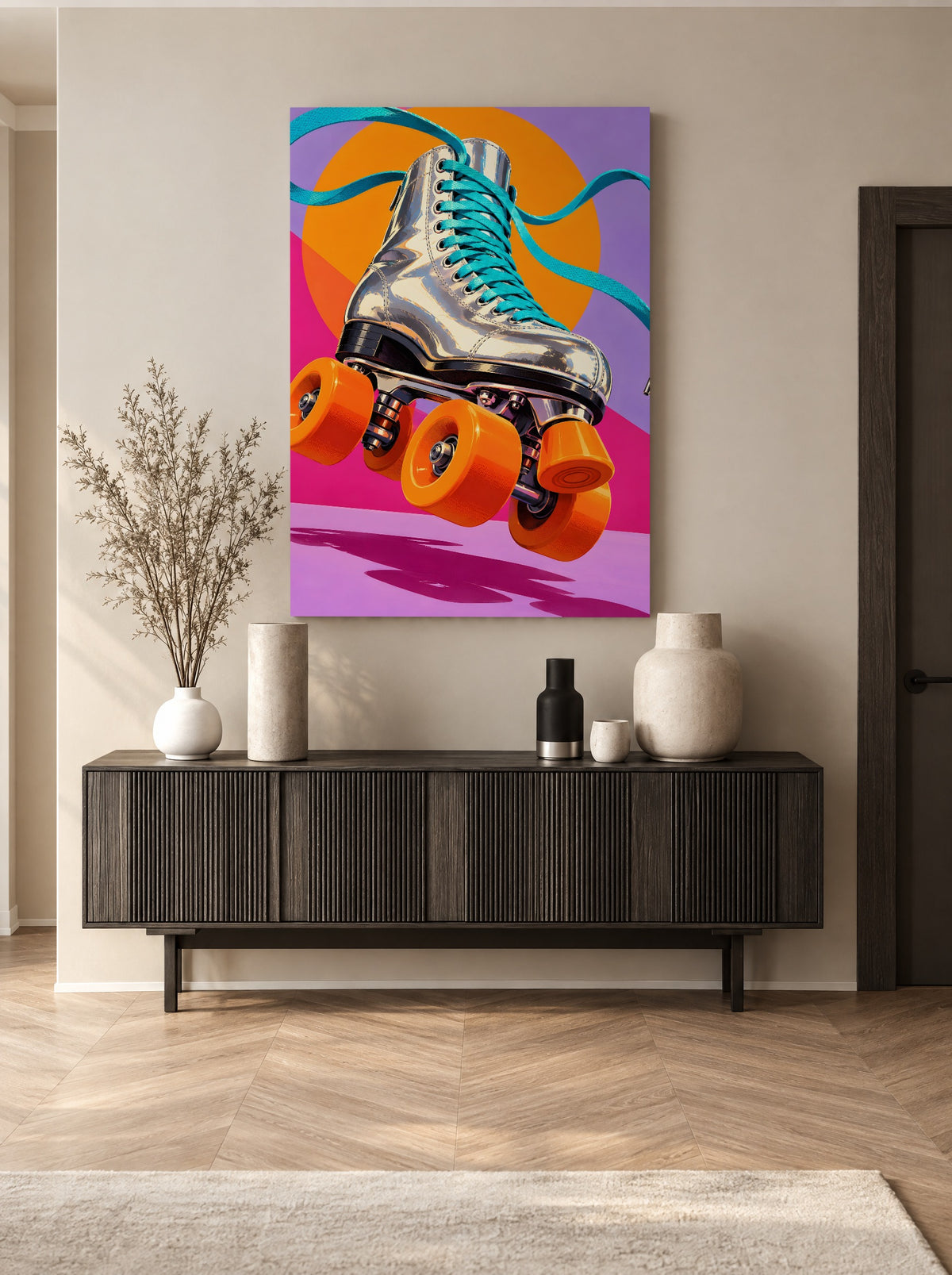 Zilveren Rolschaats in Kleurenroes als canvas zonder lijst aan de muur