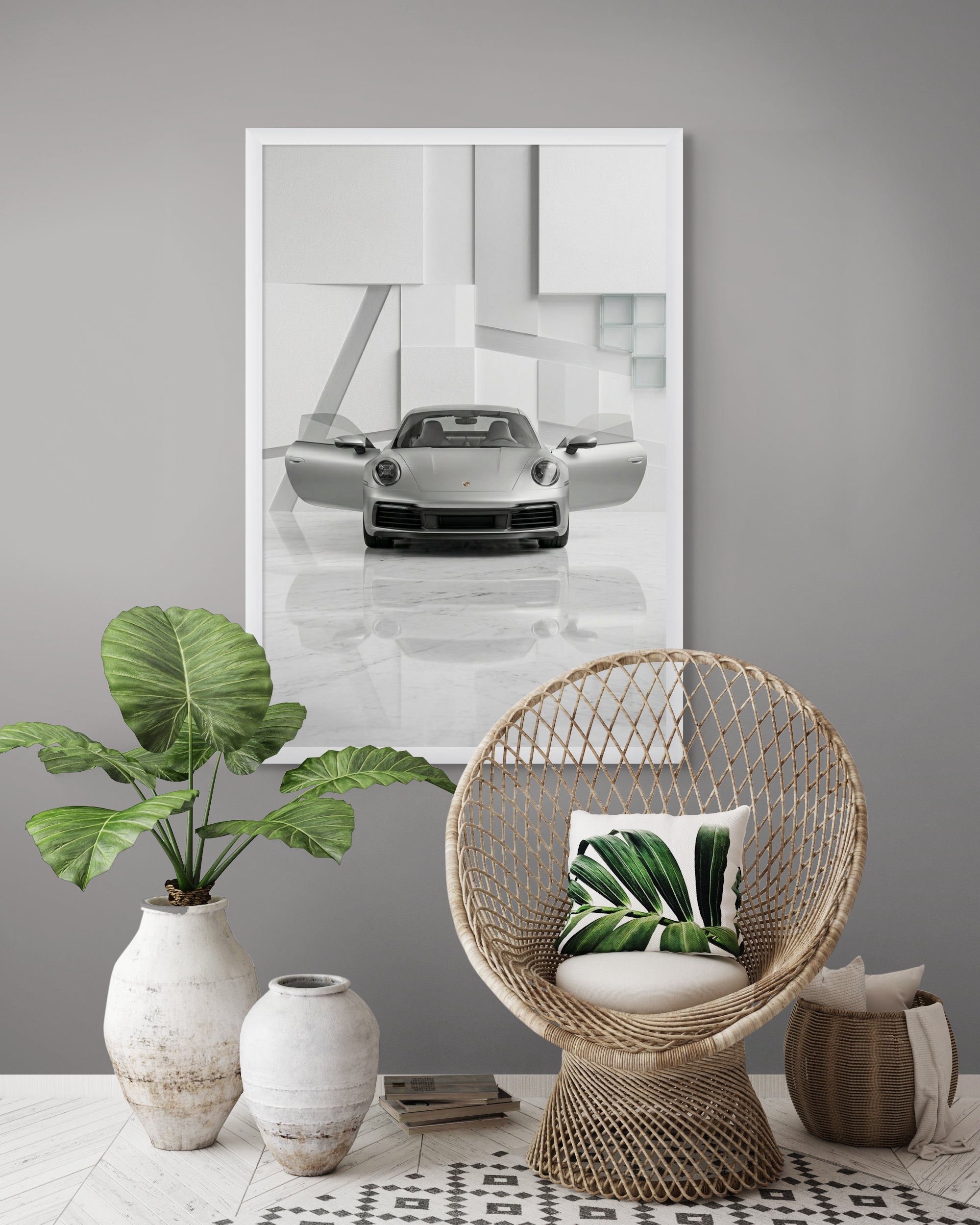Luxe Auto Wanddecoratie Zilver Mancave – Stoere Canvas of Aluminium Print