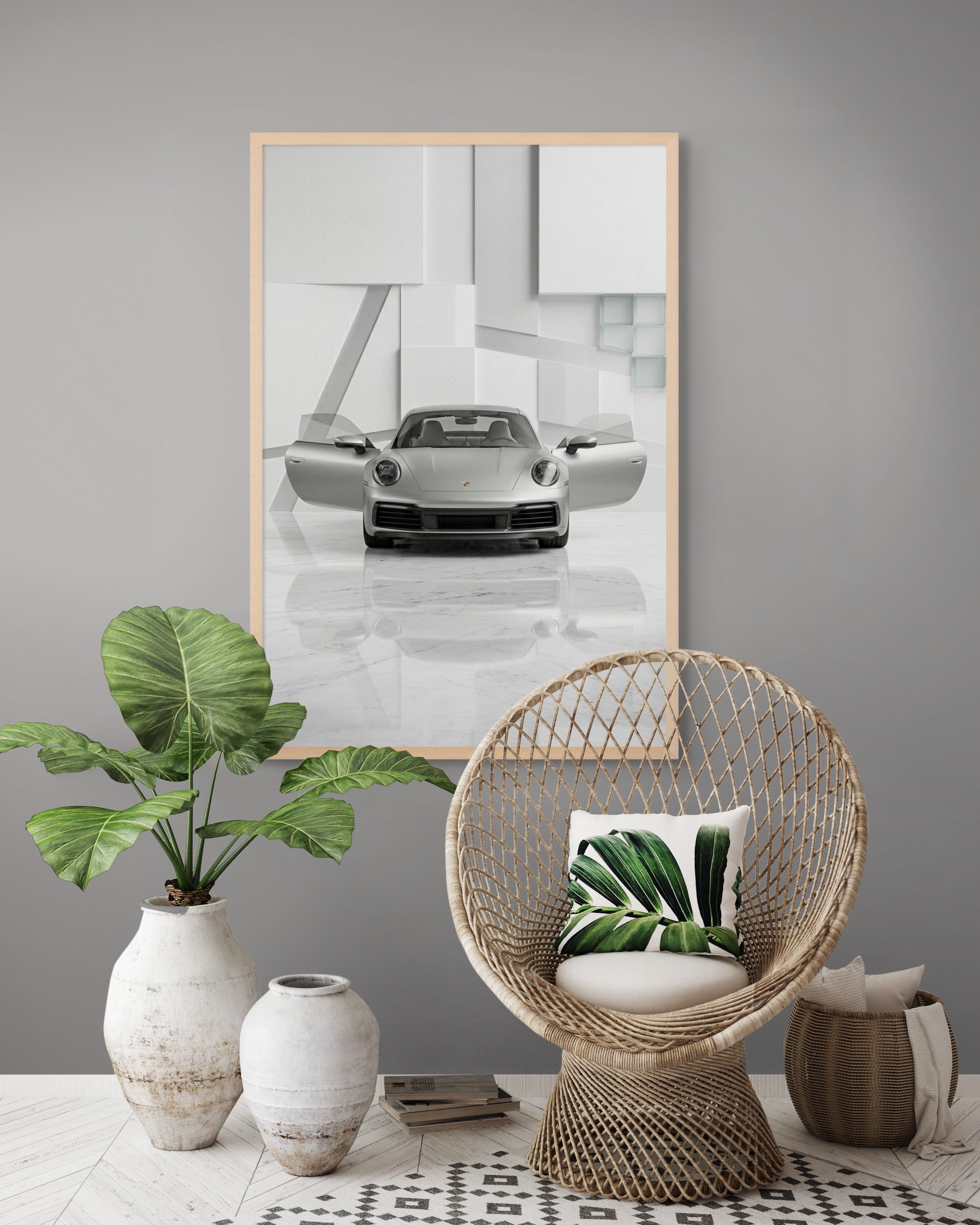 Luxe Auto Wanddecoratie Zilver Mancave – Stoere Canvas of Aluminium Print