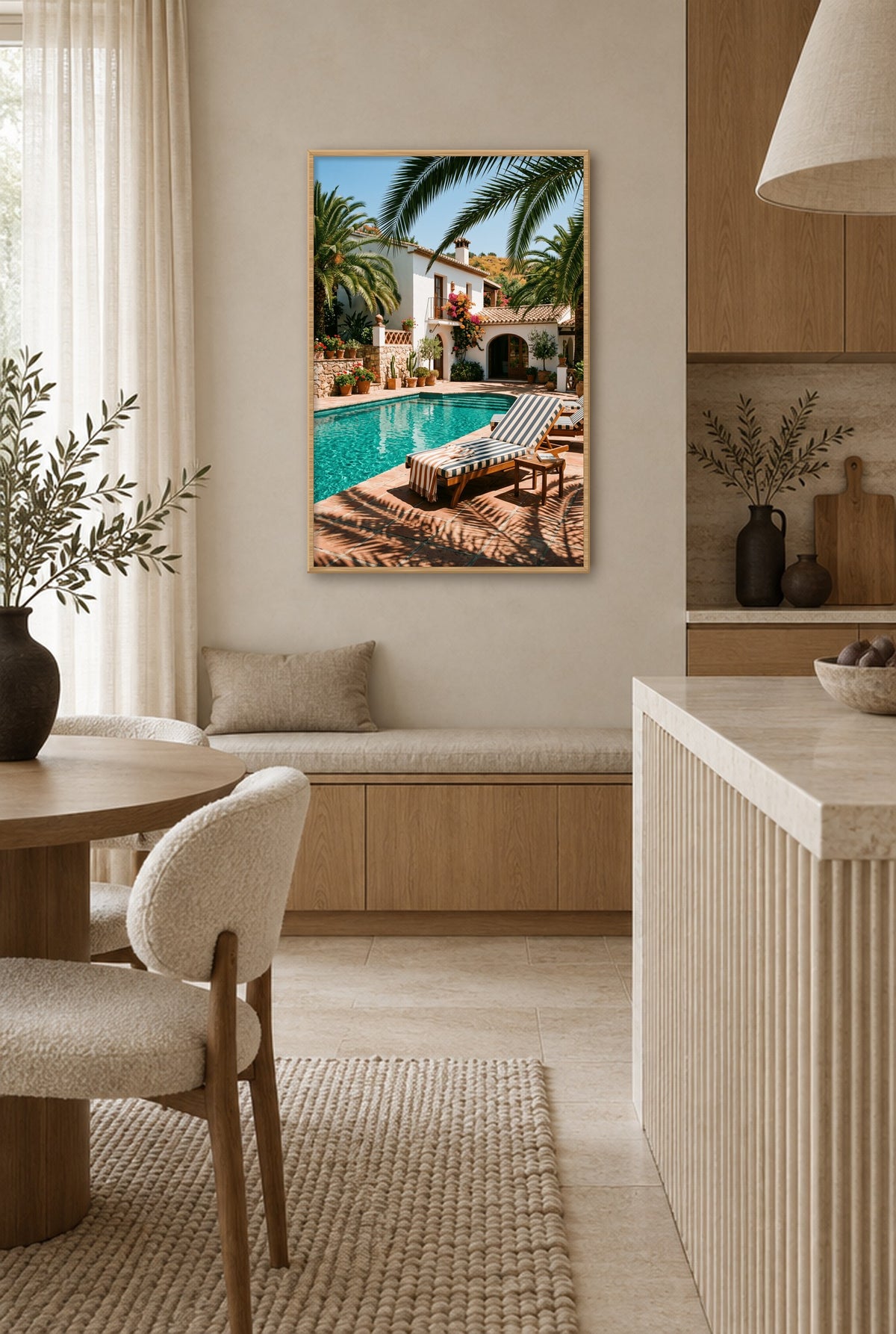 Zomer aan het Zwembad Wandbild mit Naturholzrahmen an der Wand in der Küche