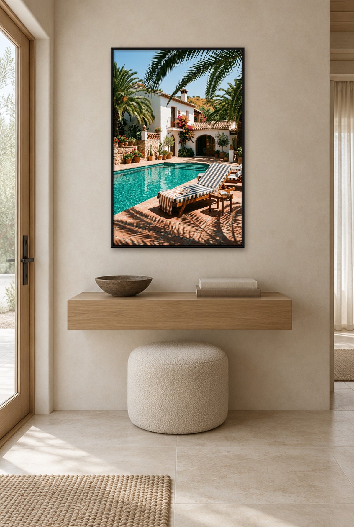 Zomer aan het Zwembad Wandbild mit schwarzem Rahmen an der Wand im Flur