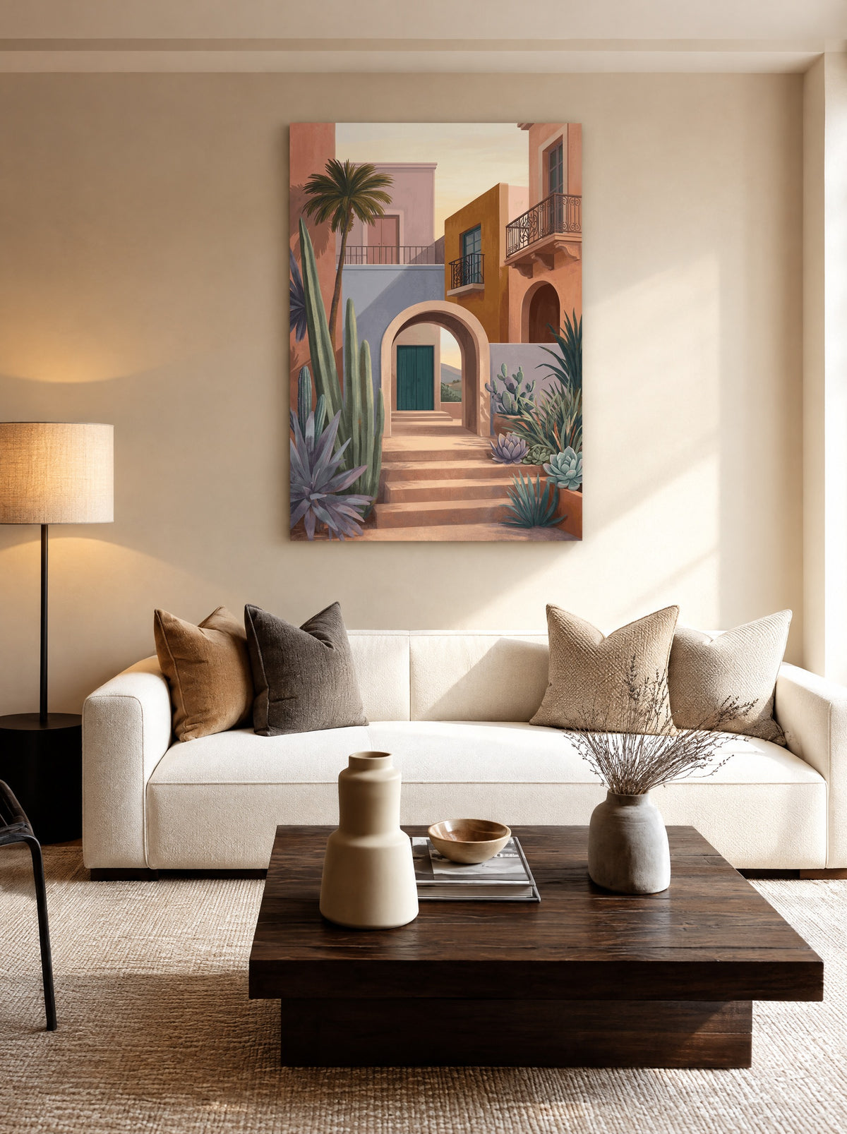 Zon tussen Cactussen en Stilte als canvas zonder lijst aan de muur