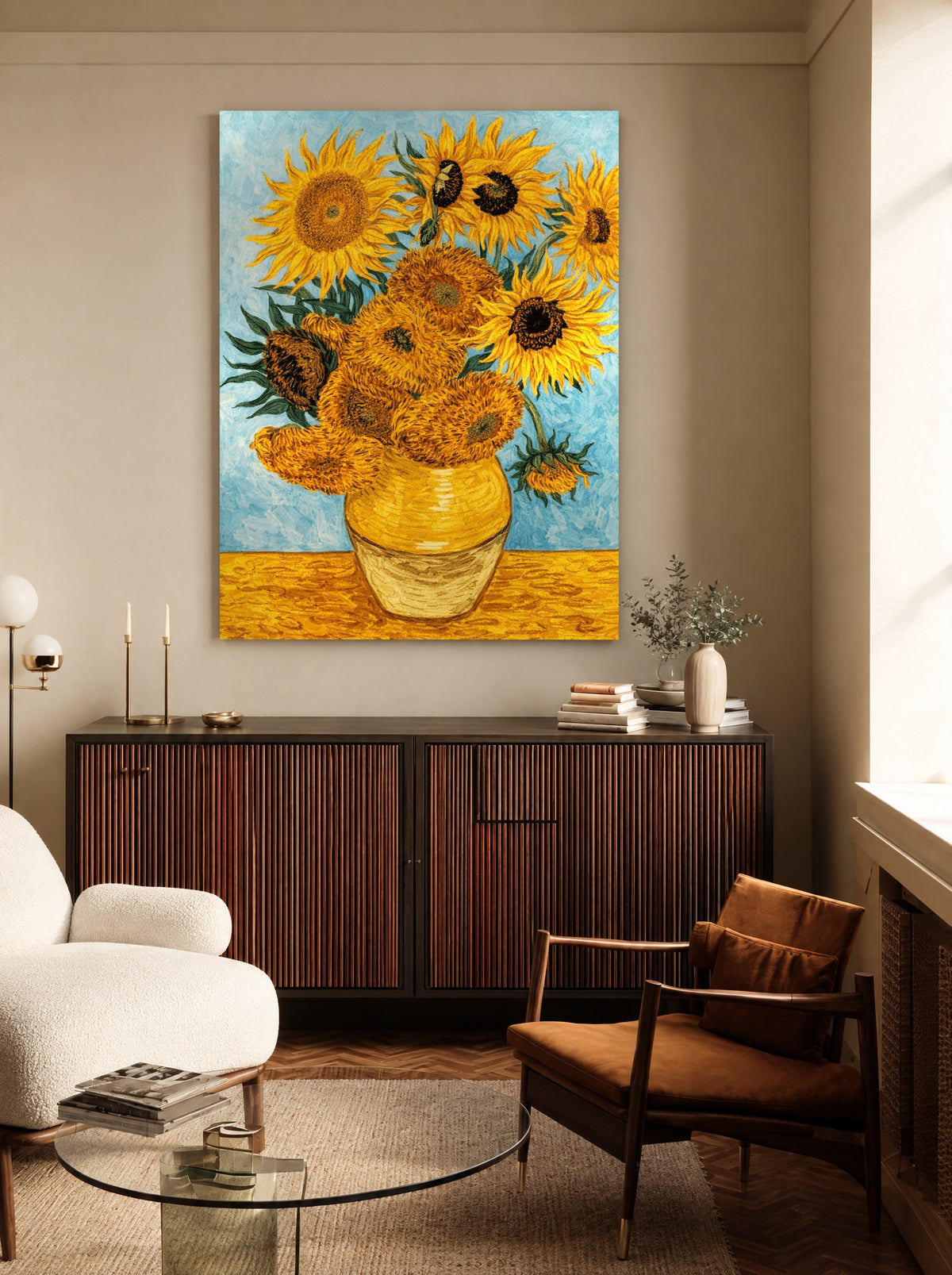 Zonnebloemen als canvas zonder lijst aan de muur