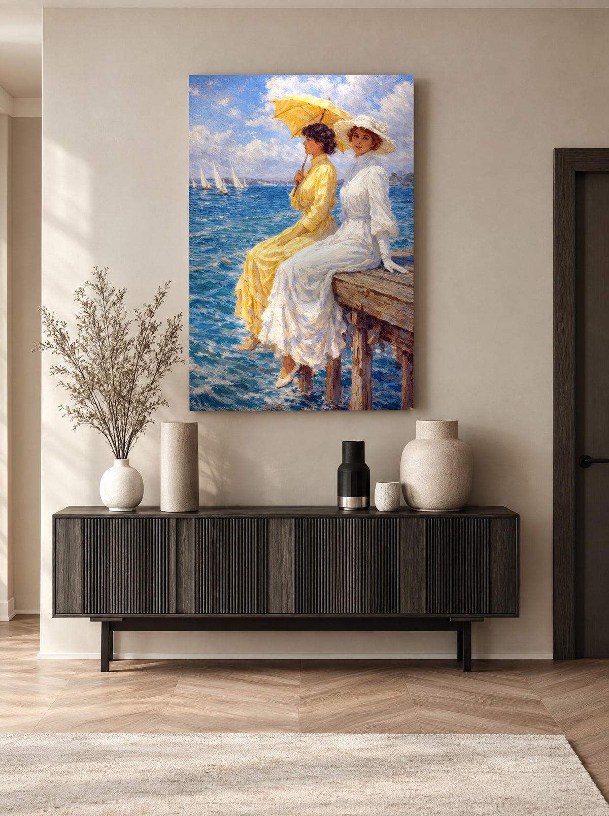 Zonnestralen aan de Havenpier als canvas zonder lijst aan de muur