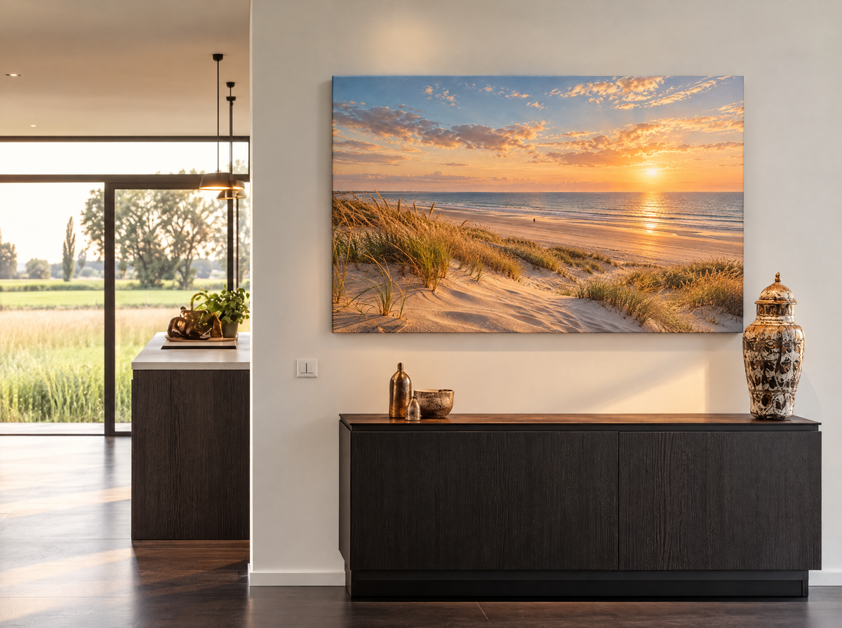 Zonsondergang boven Duinstrand als canvas zonder lijst aan de muur
