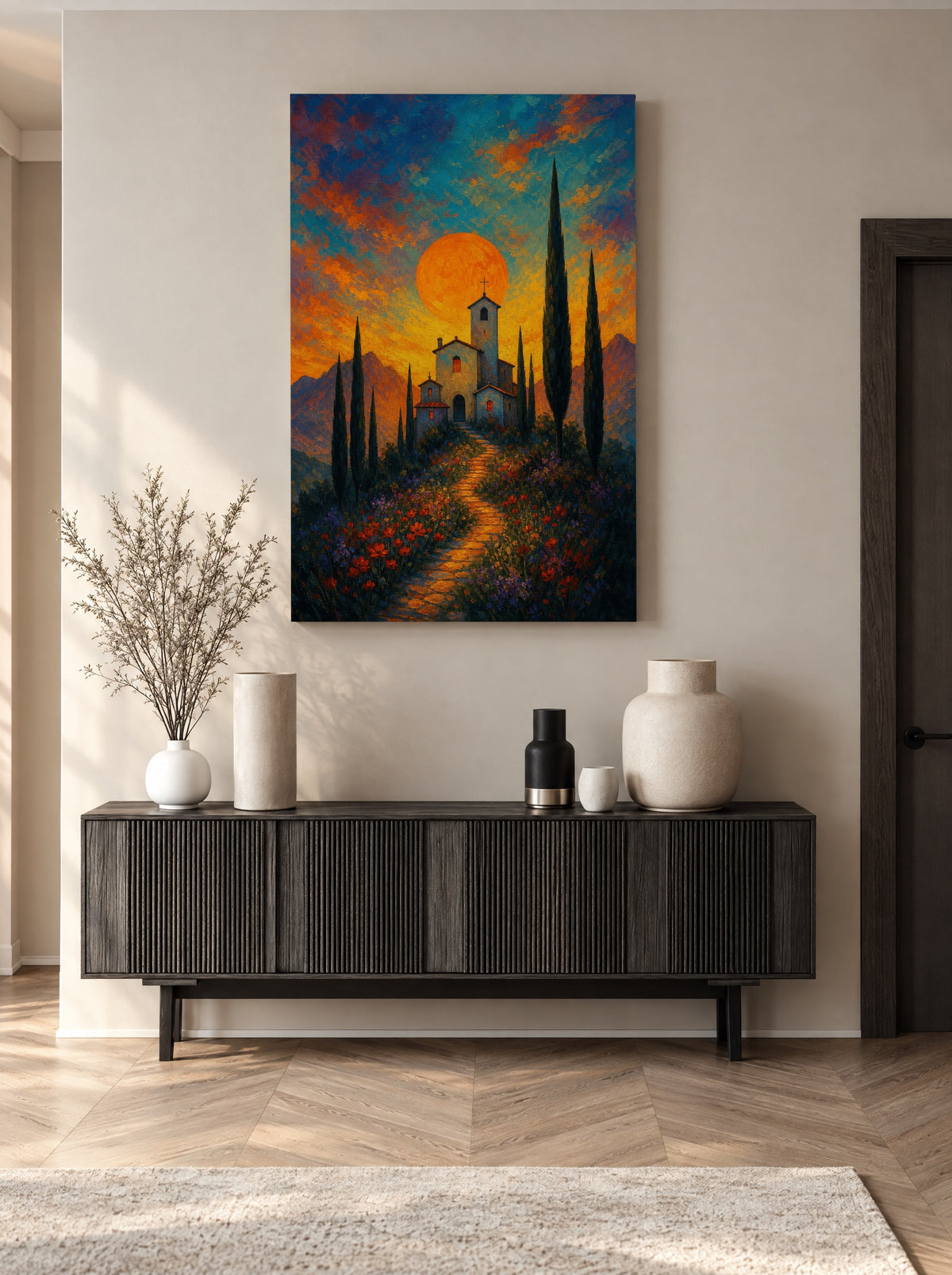 Zonsondergang boven Toscane als canvas zonder lijst aan de muur