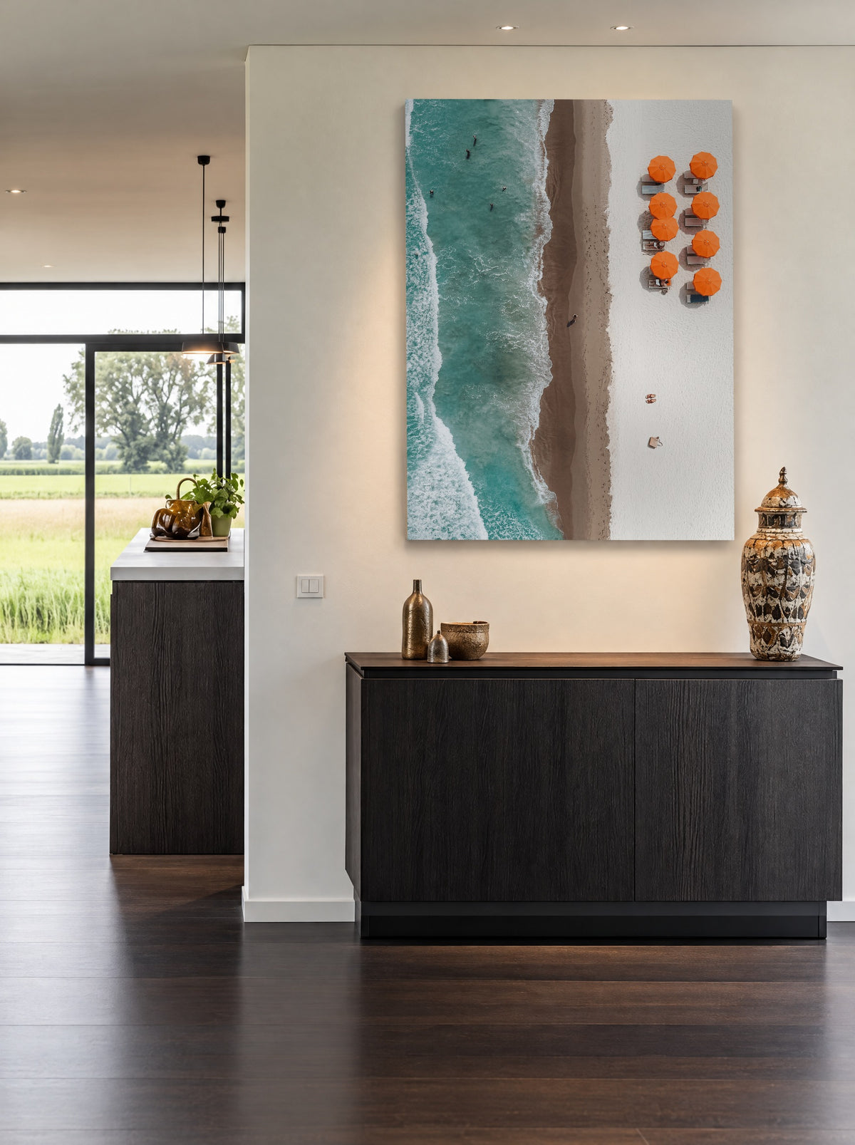 Zoutzee & Oranje Parasols als canvas zonder lijst aan de muur