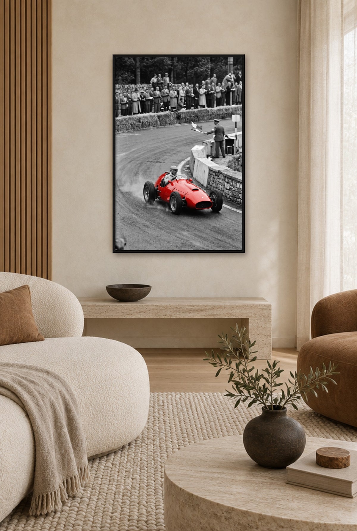 Zwaai naar de Finish Wandbild mit schwarzem Rahmen an der Wand im Wohnzimmer