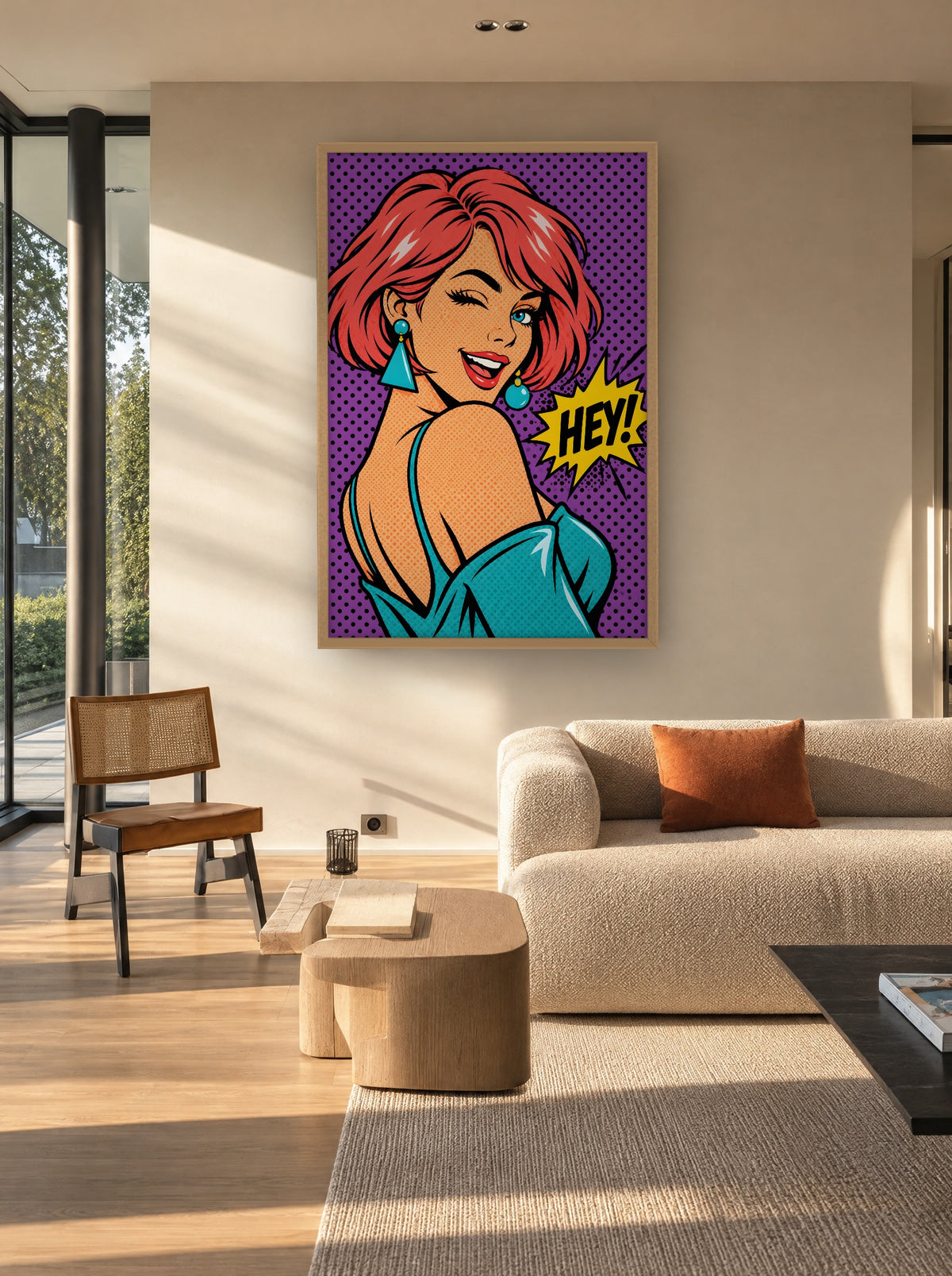 Zwaaiende Popart Vrouw met HEY! met natuur houten lijst aan de muur