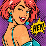 Zwaaiende Popart Vrouw met HEY! popart canvas schilderij