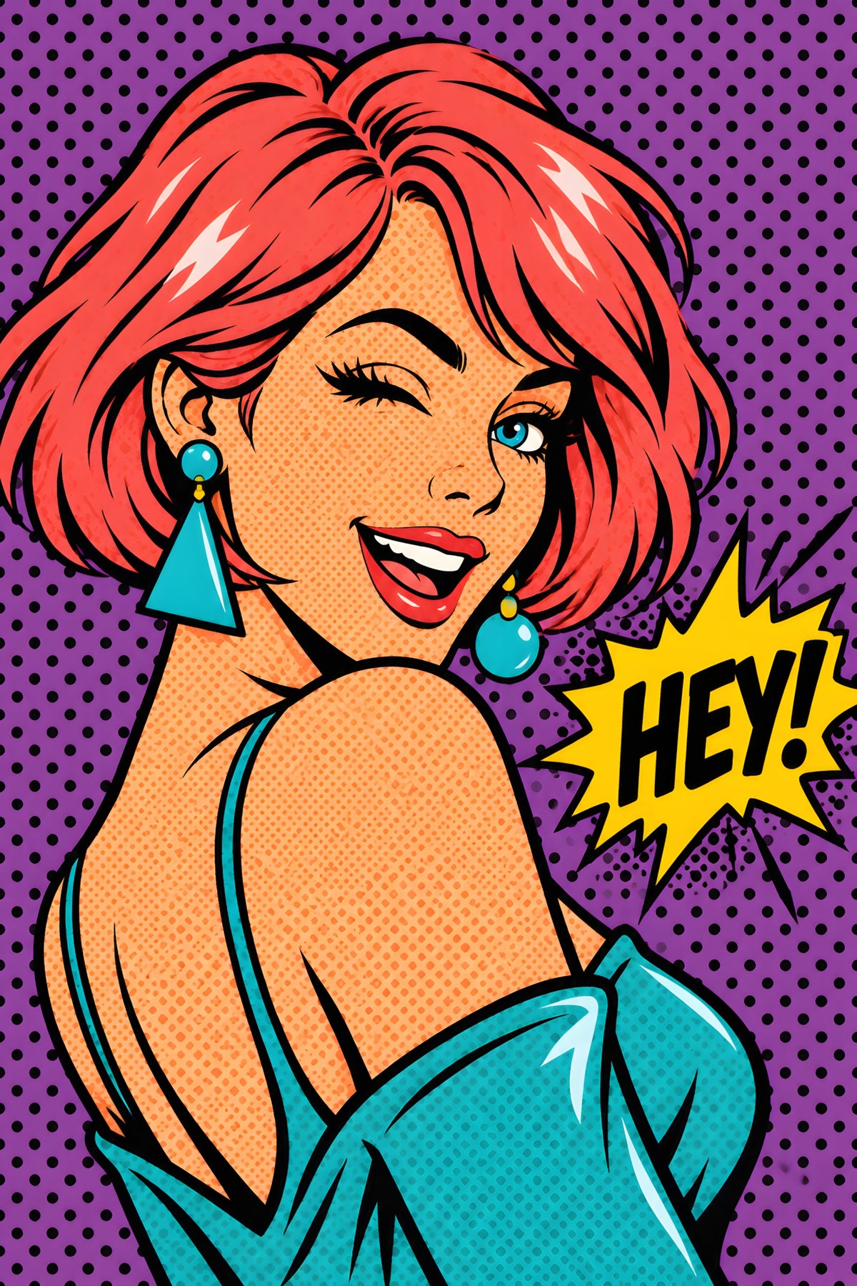 Zwaaiende Popart Vrouw met HEY! popart canvas schilderij